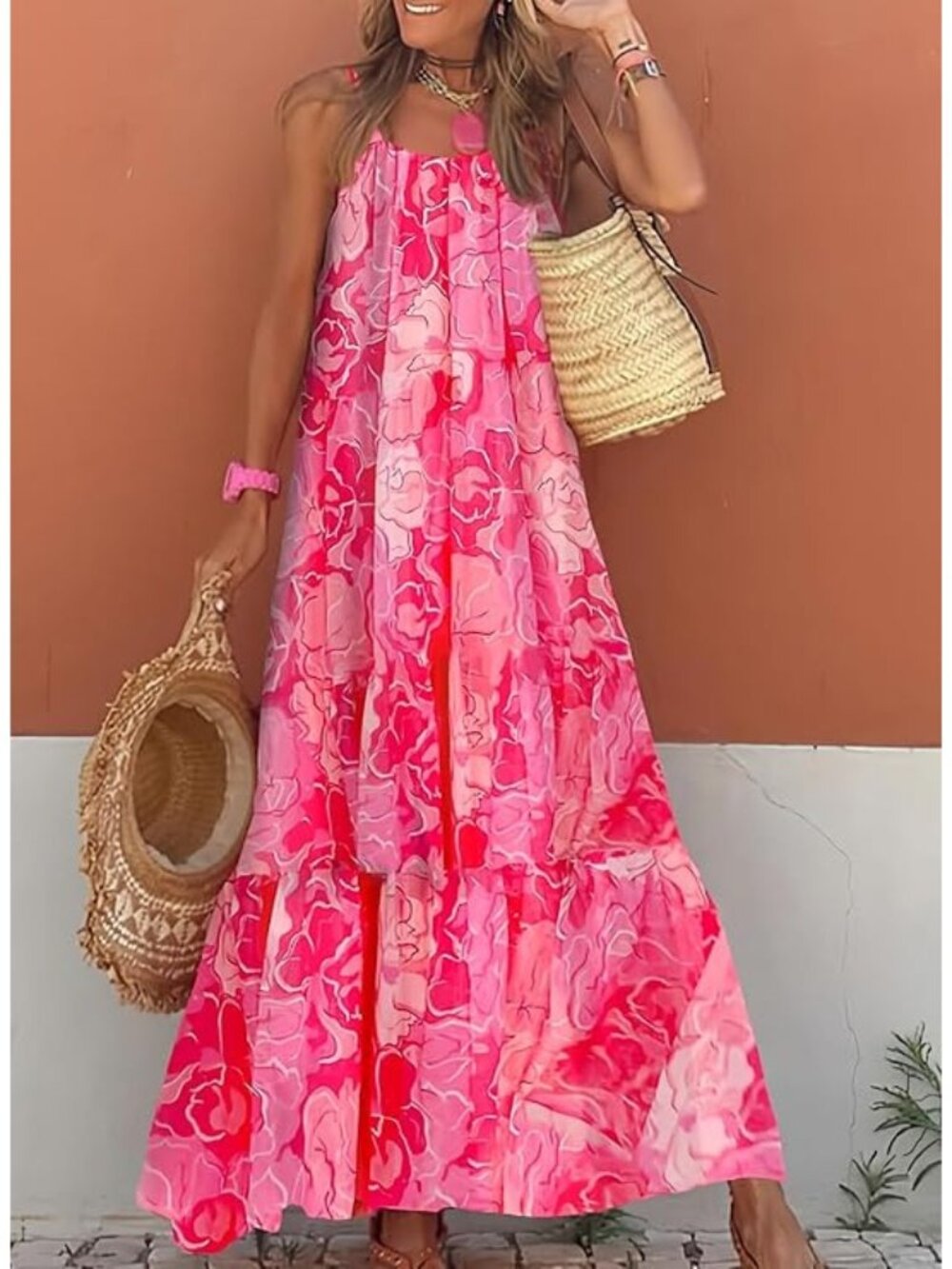 Dokotoo Women Summer Dresses Spaghetti Strap Scoop Neck Smocked Ruffle Flowy Boh